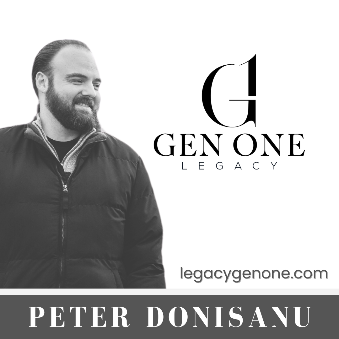 Monochrome image of Peter Donisanu for Gen One Legacy podcast, a platform dedicated to insights on building first-generation wealth and fostering enduring legacies.
