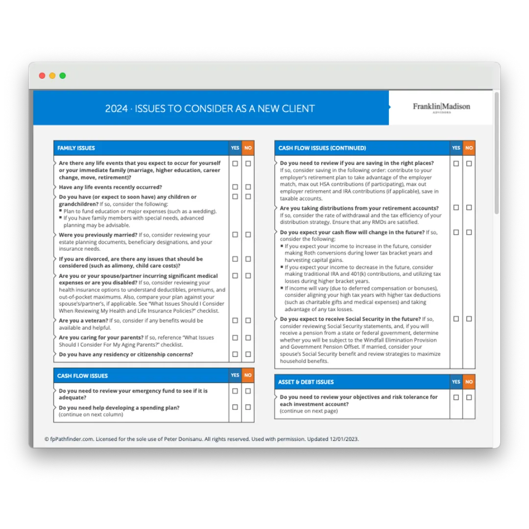 Financial checklist for new private wealth management clients