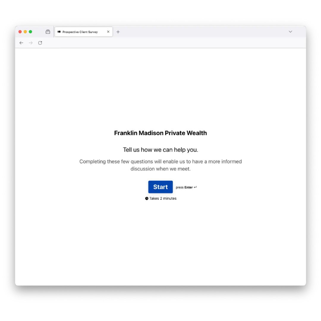 Webpage with a start button for Franklin Madison Private Wealth's prospective client survey.