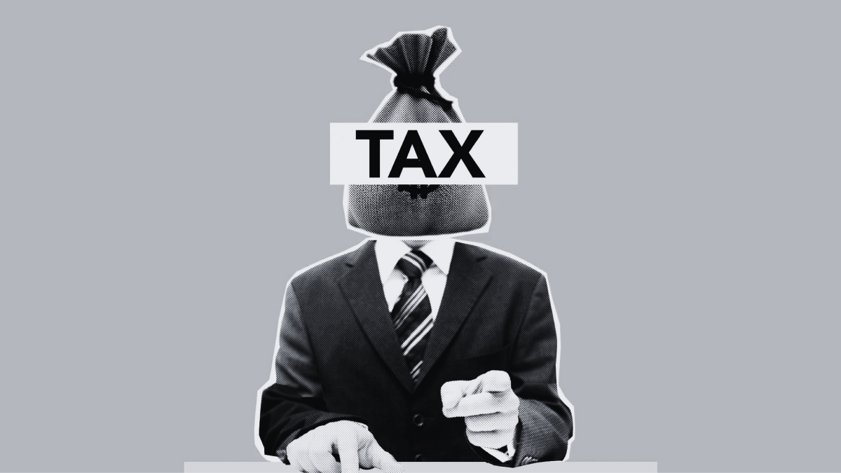 Illustration of a person in a suit with a money bag labeled 'TAX' covering their head, symbolizing the burden of tax errors.