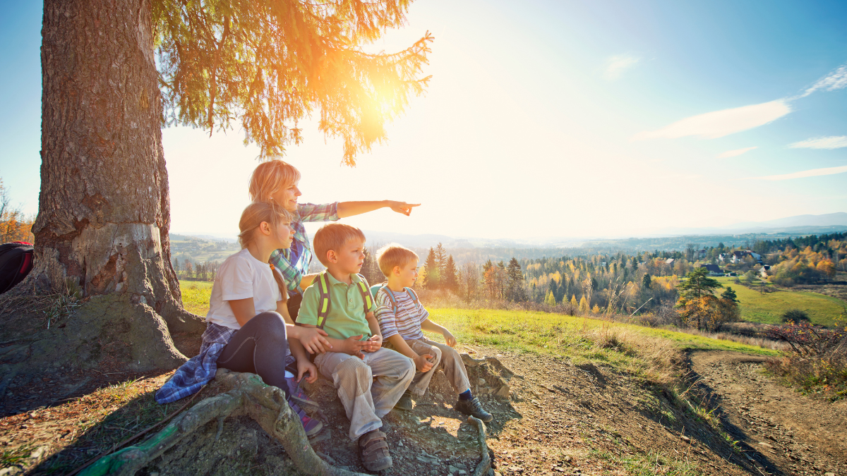A family of four sits under a tree, gazing at a beautiful landscape, symbolizing the importance of reflecting on life's journey and crafting a legacy.